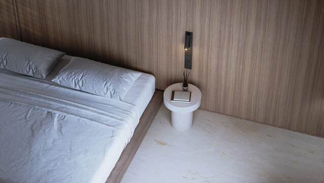 Minimalist bedroom with white bed and wood paneled wall, 3d render