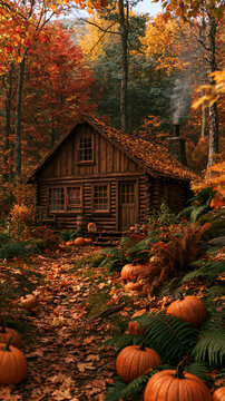 a rustic wooden cabin nestled in a dense forest during autumn. The cabin has a weathered wooden exterior, a chimney, and multiple windows.