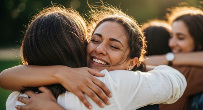 Smiling woman embracing a friend outdoors as others greet each other. Friendship, reunion and emotional support. Human connection, affection and social bonding. Candid moments together.
