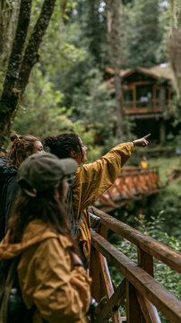 a forest. The main subject is a woman wearing a yellow raincoat, pointing upwards with her right hand. She stands on a wooden bridge, surrounded by tall trees and lush greenery. To her left.