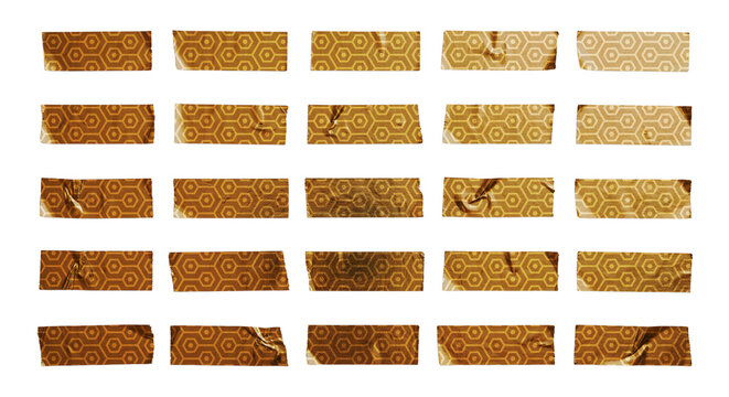 Collection of various pieces of brown adhesive tape with a geometric hexagon pattern isolated on transparent background
