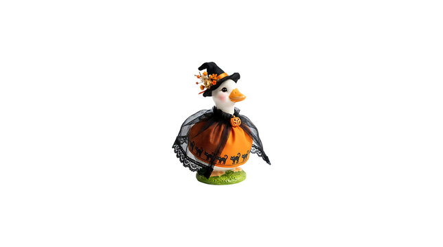 Cute duck figurine dressed as a halloween witch isolated on