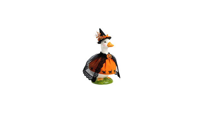 Halloween witch duck figurine wearing orange dress and black lace