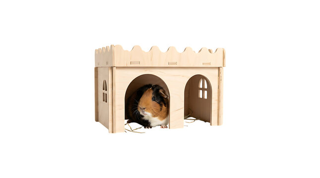 Guinea pig sitting inside a wooden castle house isolated on a