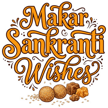Makar Sankranti Wishes Orange Calligraphy with Sweets