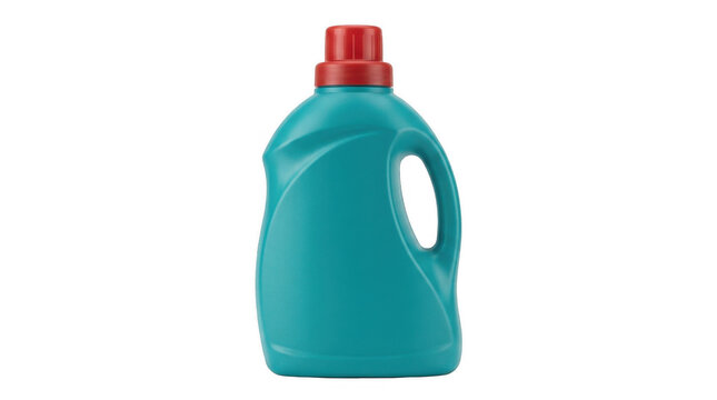 Turquoise plastic laundry detergent bottle with red cap, blank packaging isolated on transparent background