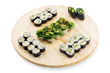 Assorted vegetarian sushi rolls with cucumber maki, seaweed topping, and rice arranged on a round wooden serving board isolated on white background © Кирилл Горшков