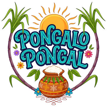Pongalo Pongal Cyan Typography with Sun and Sugarcane