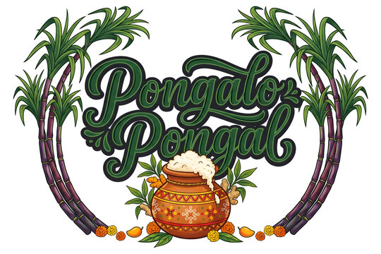 Pongalo Pongal Green Lettering with Sugarcane Wreath