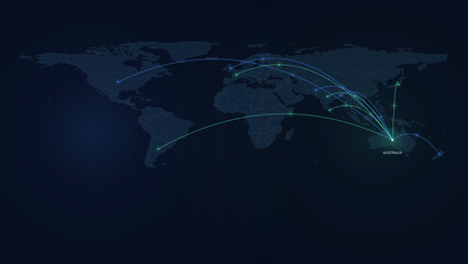 Dotted world map with glowing flight routes converging on Australia, international sports tournament travel background with copy space © VAL