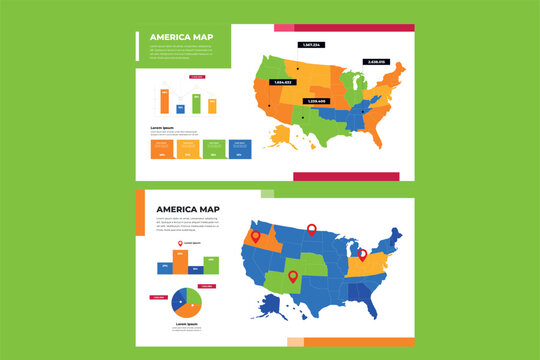 America Map infographic presentation templates set with United States maps, bar charts, pie chart, location pins and business data vector illustration
