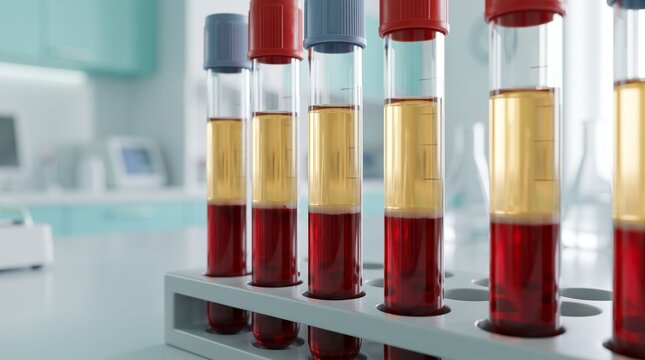Test tubes with centrifuged blood showing separated red blood cells and yellow plasma in a rack, representing laboratory testing, hematology and medical analysis
