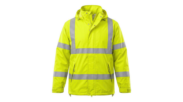 High visibility yellow safety jacket with reflective stripes, hi vis workwear isolated on transparent background