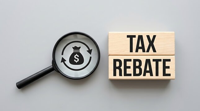 Magnifying glass with a money bag icon next to wooden blocks displaying the phrase tax rebate