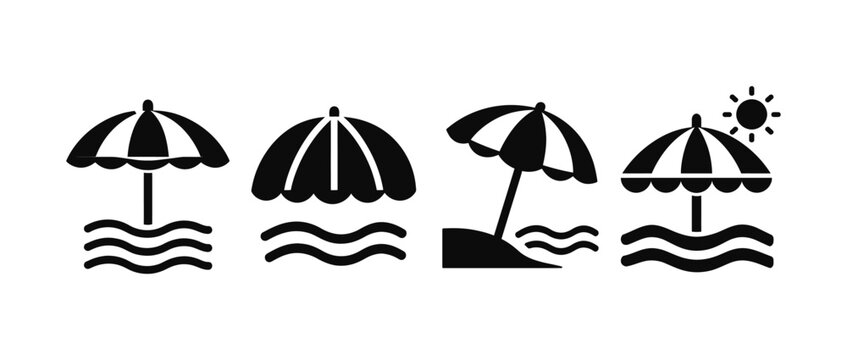 Beach umbrella icon set vector design illustration isolated on white background silhouette graphic symbols of summer vacation ocean waves sun and tropical shoreline travel elements