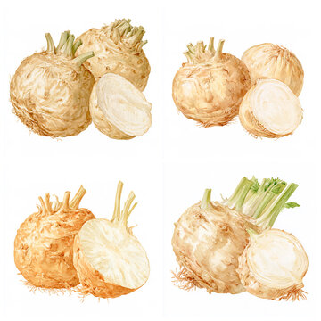 Set of four watercolor botanical illustrations of harvested Celeriac, one large round knobby beige-brown root covered in fine rootlets with a few short trimmed stalks