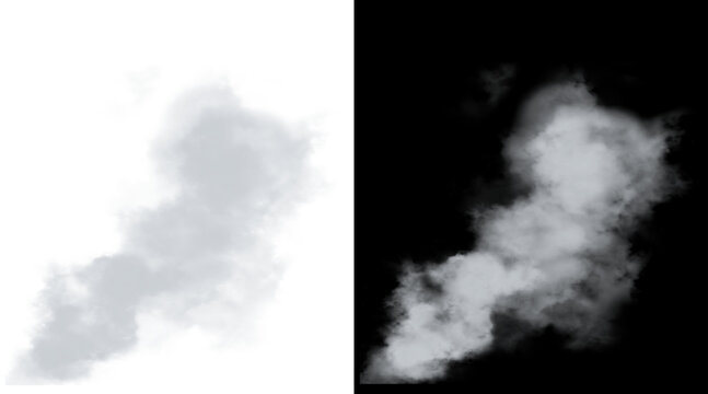 Realistic white smoke plume, atmospheric steam cloud effect, wispy grey vapor trail on isolated backgrounds, cinematic fog texture for design overlays