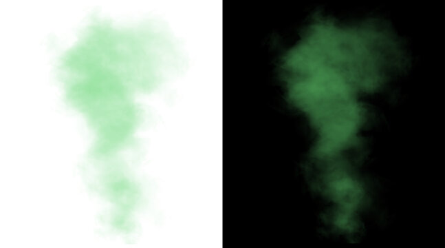 Green smoke clouds on white and black backgrounds, toxic gas vapor effect, emerald mist and ethereal haze for creative design overlays