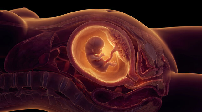 Dark cinematic medical visualization of human prenatal development at 2 months, approximately 5&ndash;8 weeks of pregnancy, rapidly developing embryo with clearly recognizable early head and curved body