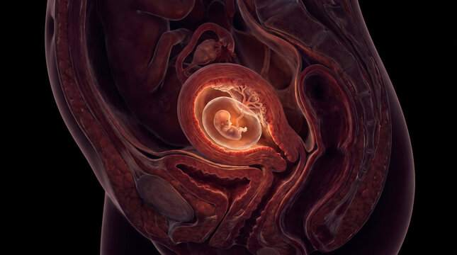 Dark cinematic medical visualization of human prenatal development at 1 month, approximately 1&ndash;4 weeks of pregnancy, extremely early embryo attached to the developing uterine lining, very small 