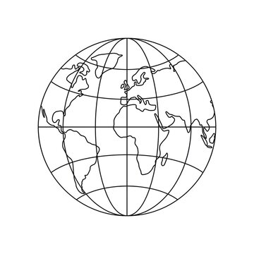 A thin outline of a globe with simple longitude and latitude lines &mdash; Minimalist thin line art outline, no fill color, just clean line strokes style