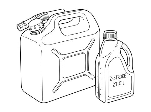 Line art illustration of a fuel can with a flexible spout and a bottle of 2-stroke 2T oil, used for engines and machinery.