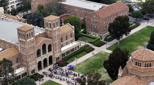 Aerial view of the historic UCLA Campus featuring Royce Hall, red brick buildings, manicured lawns, and students walking along the pathways in Westwood, California, United States.
