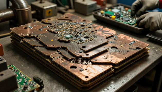 Stacked circuit board on workbench in industrial workshop, copper board layer stack with abstract pattern and hands in gloves