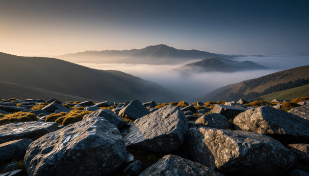 Mountain landscape rock foreground fog valley sunrise light distant peak rolling hill serene scene blue sky mist layer wilderness view