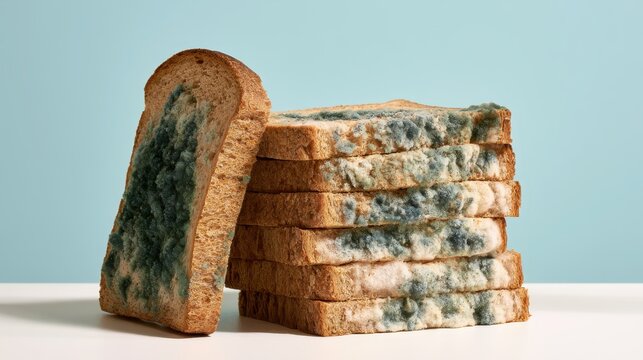 Stack of moldy bread slices covered with green blue fungus. Dangerous rotten food waste, nutrition warning presentation. Domestic grocery storage. Food spoilage. Toxic mold on expired products concept