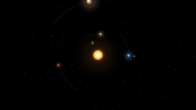An illustration of a solar system with a glowing central star and multiple orbiting planets