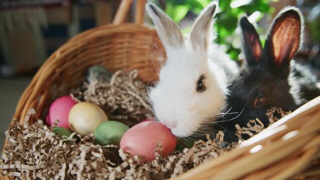 Two rabbits nestle in a basket of hay and eggs. One white rabbit nibbles an egg, the other watches nearby. Pastel-colored eggs surround them in soft focus. Cute and playful, they evoke Easter joy