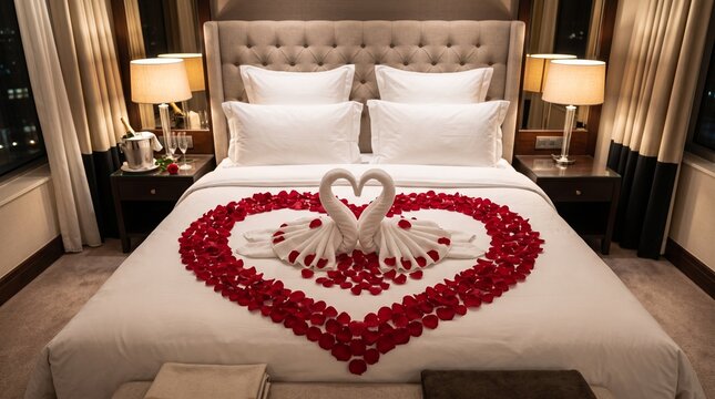 Romantic hotel bed decorated with red rose petals heart and towel swans
