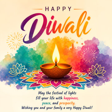 Happy Diwali festival of lights card with glowing clay diya on colorful rangoli and watercolor splash