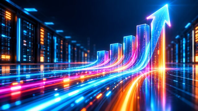 Abstract glowing bar graph with an upward arrow symbolizing rapid business growth and digital data flow, set in a modern server room environment.