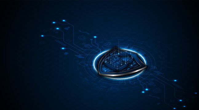 Futuristic blue shield with digital padlock and circuit board, representing advanced data protection, network privacy, and global cloud security technology.