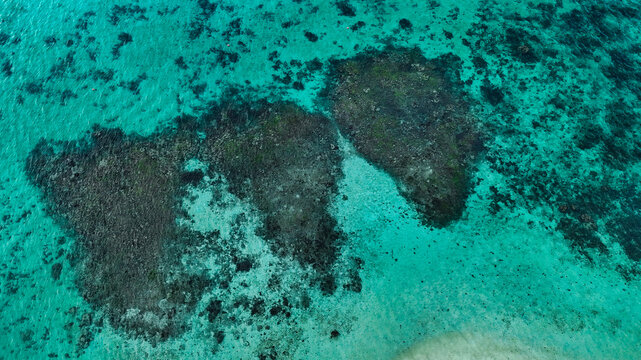 Aerial view of the coral reefs at Pantai Tanjung Gelam with clear turquoise water and sandy seabed in Karimunjawa, Central Java, Indonesia.