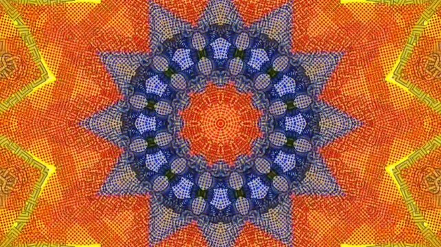 A seamless 4K motion loop featuring an intricate geometric mandala pattern with fiery orange, vibrant yellow, and royal blue tones, ideal for dynamic backgrounds and modern design.