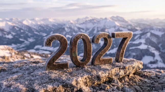 Metallic numerals spelling two thousand twenty seven rest on a rocky outcrop with a scenic mountain backdrop 2027 year digits numbers forecast projection future date