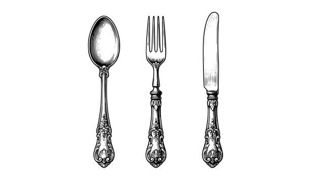Vintage Silverware Set with Ornate Spoon Fork and Knife Vector Illustration