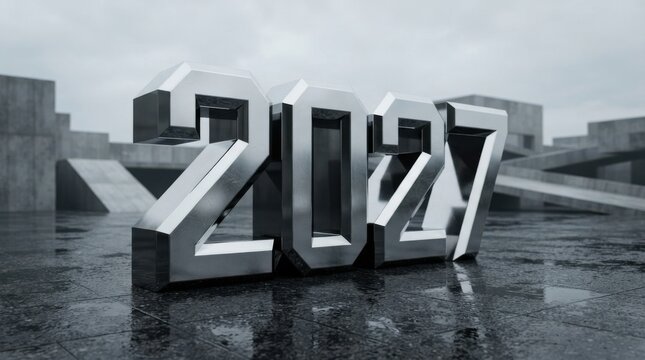 Silver metallic numerals spelling two thousand twenty seven stand on a dark reflective surface 2027 year future date calendar numbers digits chrome glossy monochrome gray