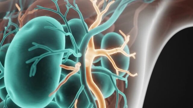 Medical animation reveals lymph nodes and branching vessels in the human body. Lymphatic system anatomy. Immune defense and healthcare concept. Cellular biology visualization.