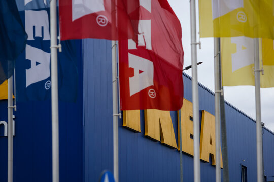 Details with an Ikea store during a cloudy autumn day in Bucharest, Romania.