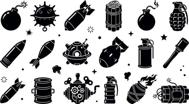 Military bomb silhouette vector icon set featuring explosive dynamite grenade missile naval mine and weapons for military strategy video game interface design defense corporate dashboard layout
