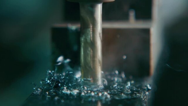 Drill bit plunges into metal, creating sparks and chips. Cool, dark tones emphasize mechanical precision and power. No people present, focus remains on tool and material. Ideal for industrial