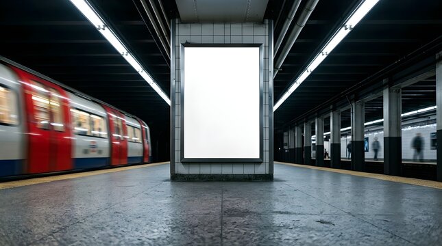 An empty subway platform features a spacious blank advertising billboard ready for impactful promotional content and effective brand messaging opportunities