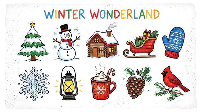 Set of cute winter wonderland icons including Christmas tree, snowman, log cabin, sleigh, mitten, snowflake, lantern, hot cocoa, pinecone and cardinal bird isolated on white background