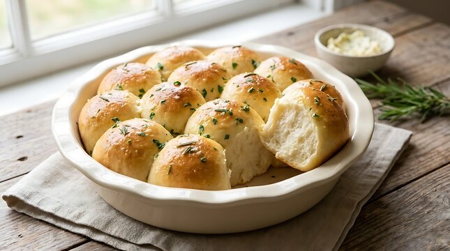Fresh homemade dinner rolls in a white baking dish on a rustic wooden table by the window. baking. easy baking ideas