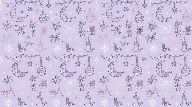 Cute winter seamless pattern christmas and new year purple background with moon, christmas ball, candles, bows, presents, holly berries, stars and snowflakes vector illustration