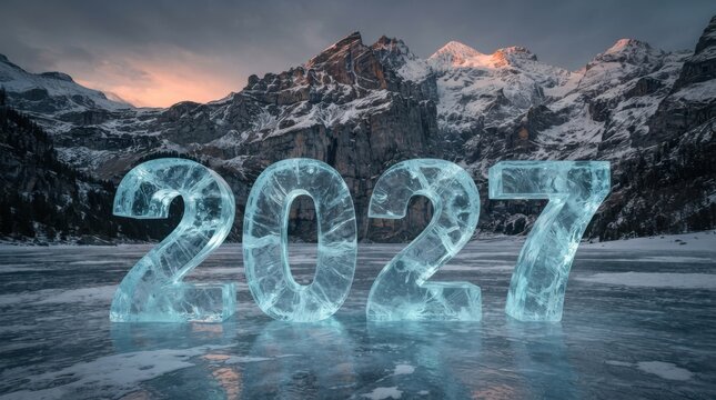 Icy numerals spelling two thousand twenty seven stand on a frozen lake with a mountain backdrop 2027 year digits winter cold frost glacial crystalline number